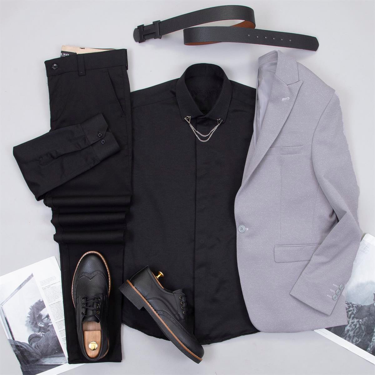 Kırçıllı Gri Blazer Ceket Gömlek Pantolon Ayakkabı Kombin