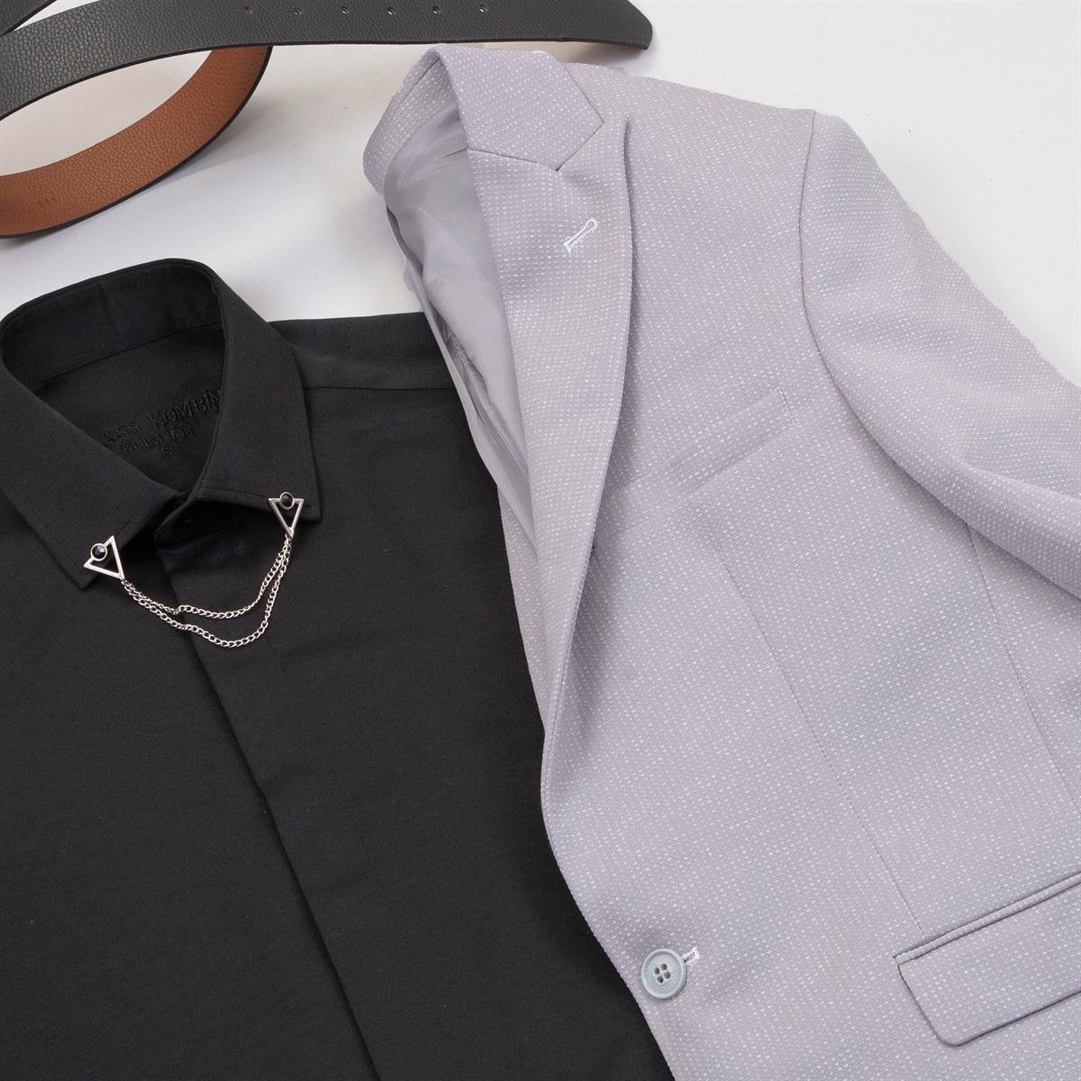 Kırçıllı Gri Blazer Ceket Gömlek Pantolon Ayakkabı Kombin