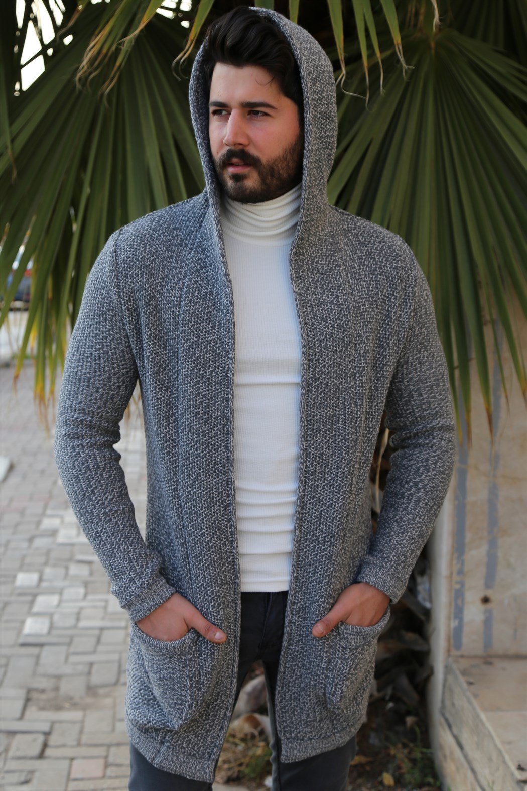 Kırçıllı Kalın Hırka Cepli Kapşonlu gri - beyaz 