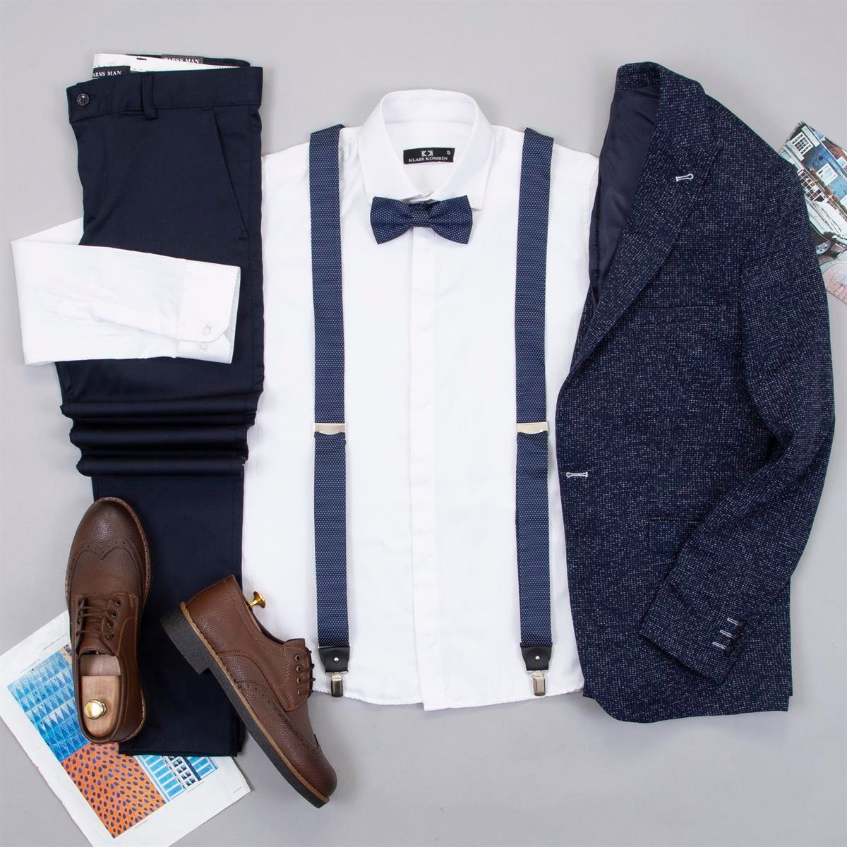 Kırçıllı Lacivert Blazer Ceket Gömlek Pantolon Papyon Askı Ayakkabı Kombin