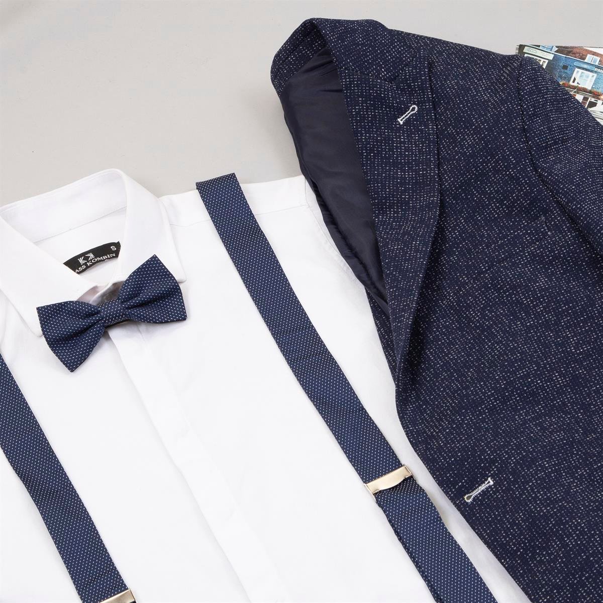 Kırçıllı Lacivert Blazer Ceket Gömlek Pantolon Papyon Askı Ayakkabı Kombin