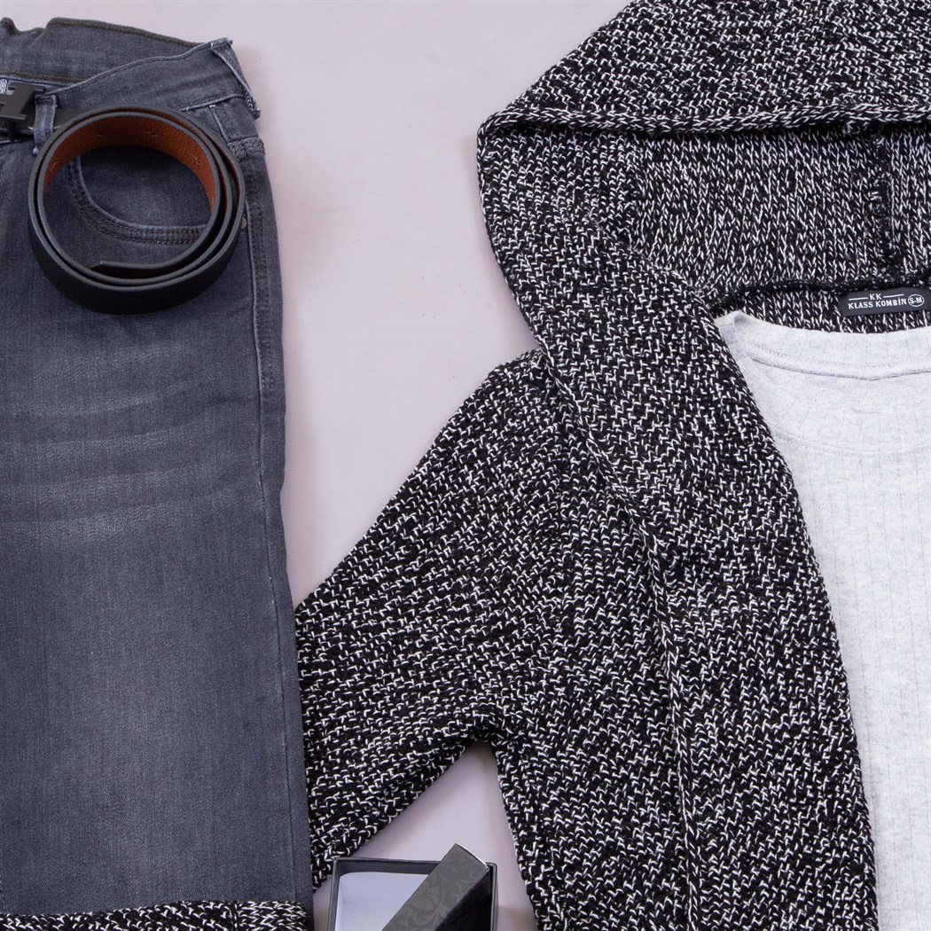 Kırçıllı Siyah Beyaz Hırka Kazak Pantolon Bot Kombin