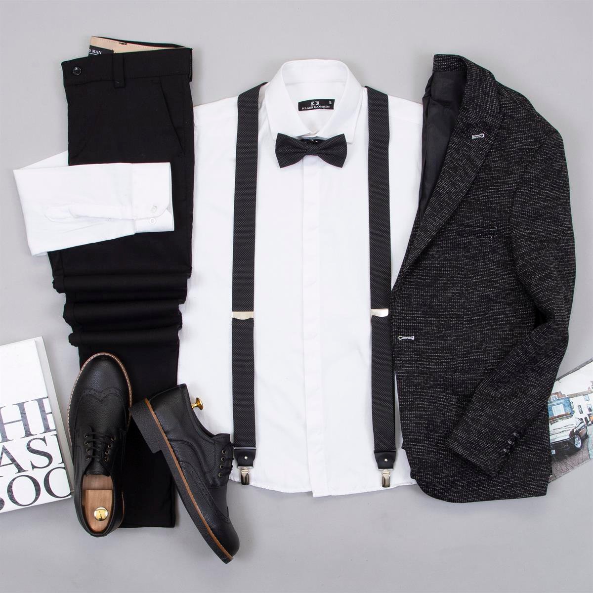 Kırçıllı Siyah Blazer Ceket Gömlek Pantolon Papyon Askı Ayakkabı Kombin