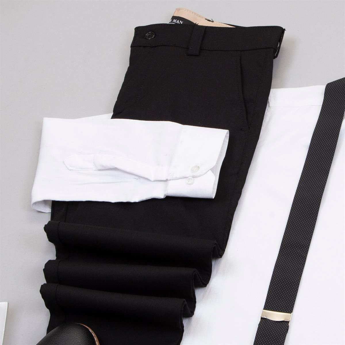 Kırçıllı Siyah Blazer Ceket Gömlek Pantolon Papyon Askı Ayakkabı Kombin