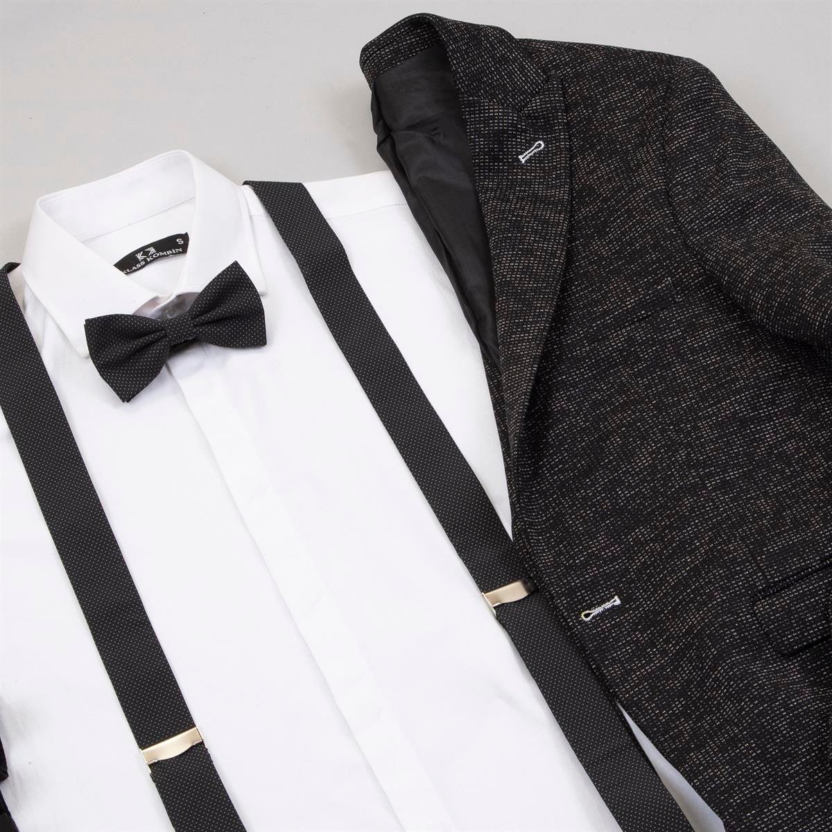 Kırçıllı Siyah Blazer Ceket Gömlek Pantolon Papyon Askı Ayakkabı Kombin