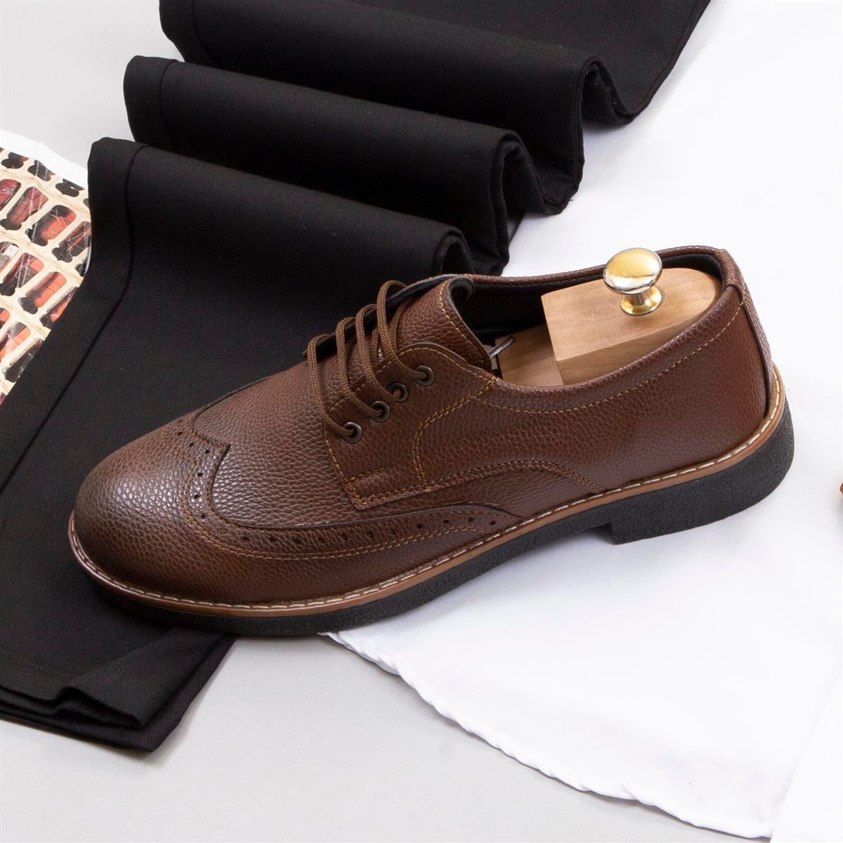 Kırçıllı Taba Blazer Ceket Gömlek Pantolon Ayakkabı Kombin