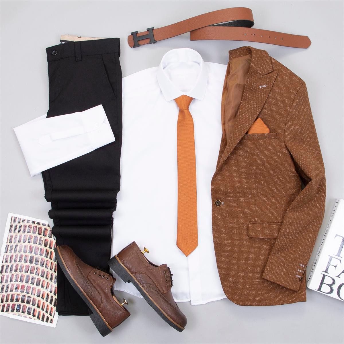 Kırçıllı Taba Blazer Ceket Gömlek Pantolon Ayakkabı Kombin