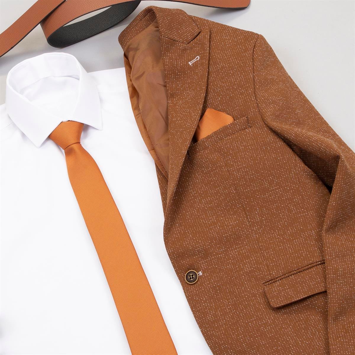 Kırçıllı Taba Blazer Ceket Gömlek Pantolon Ayakkabı Kombin