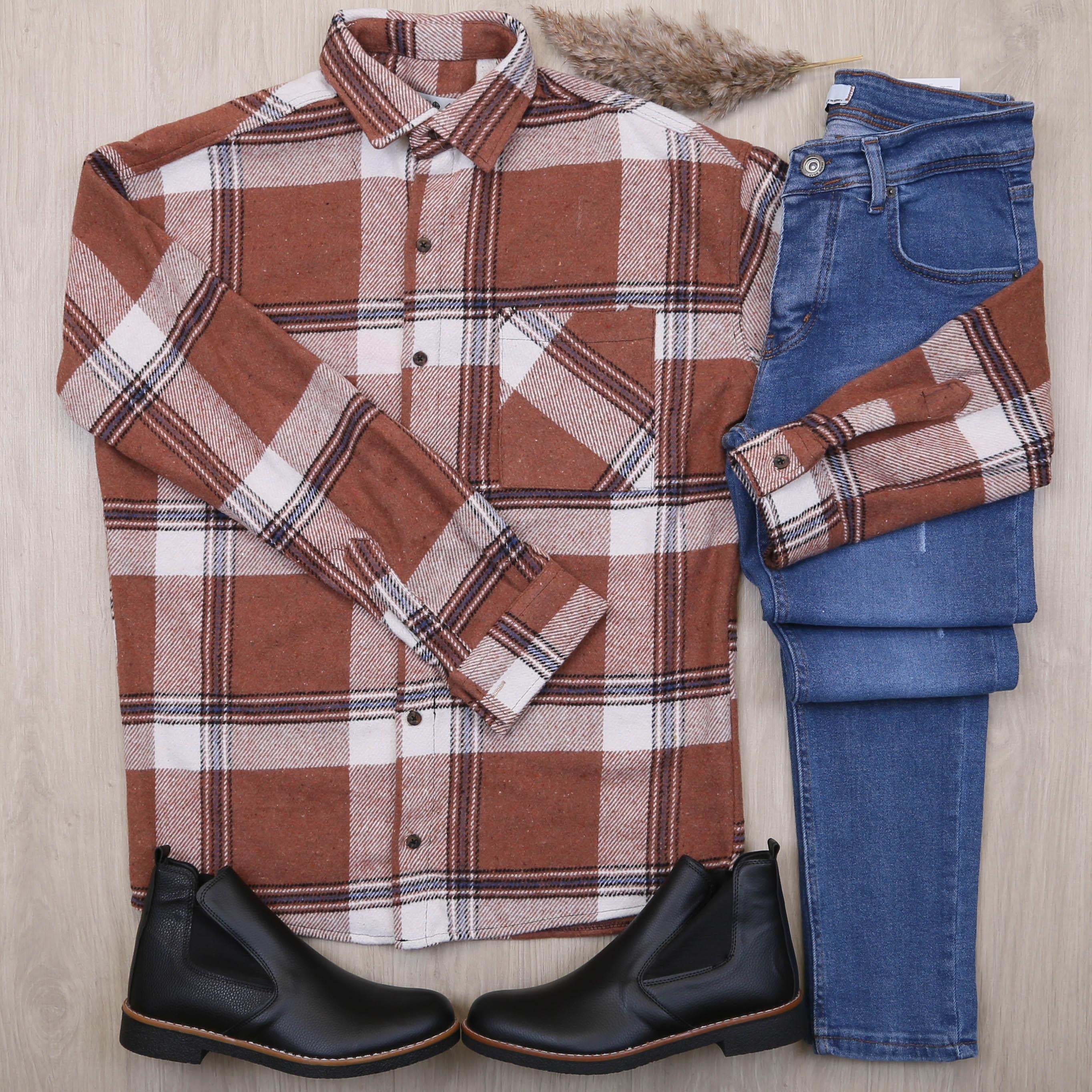 Kiremit Ekose Gömlek Bot Mavi Kot Pantolon Kombin