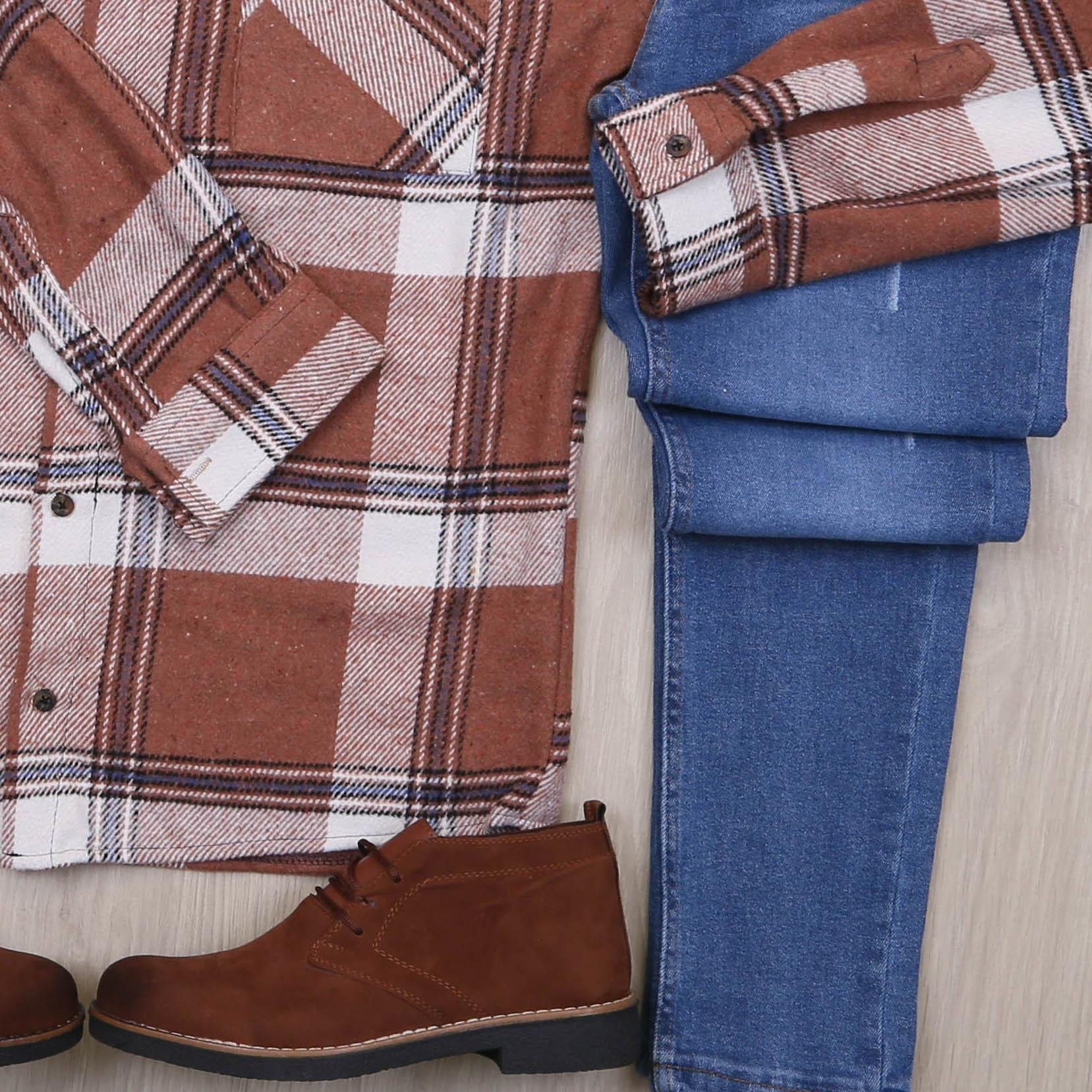 Kiremit Ekose Gömlek Taba Bot Mavi Kot Pantolon Kombin