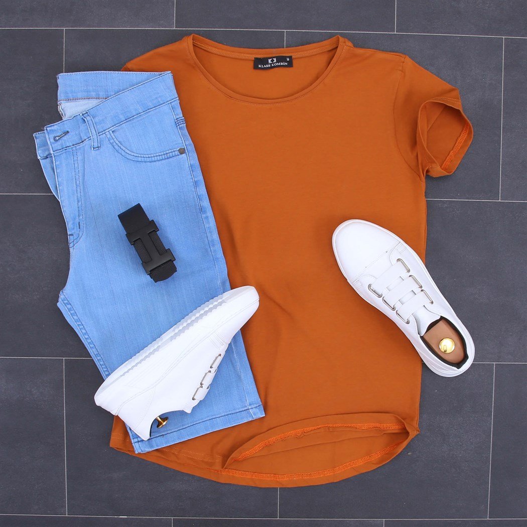 Kiremit T-Shirt Kot Şort Klasik Ayakkabı Kombini 