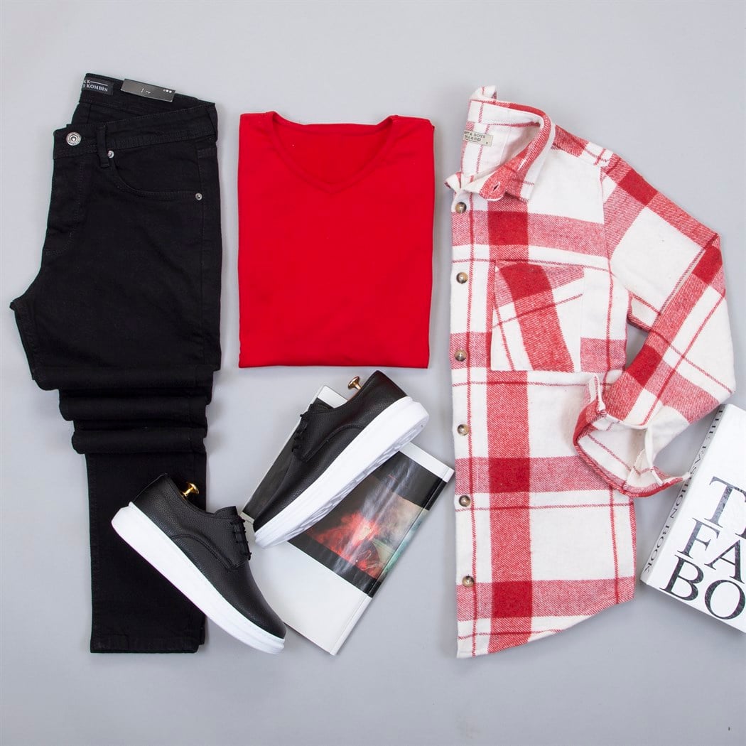 Kırmızı Beyaz Ekose Oduncu Gömlek Tişört Pantolon Ayakkabı Kombin