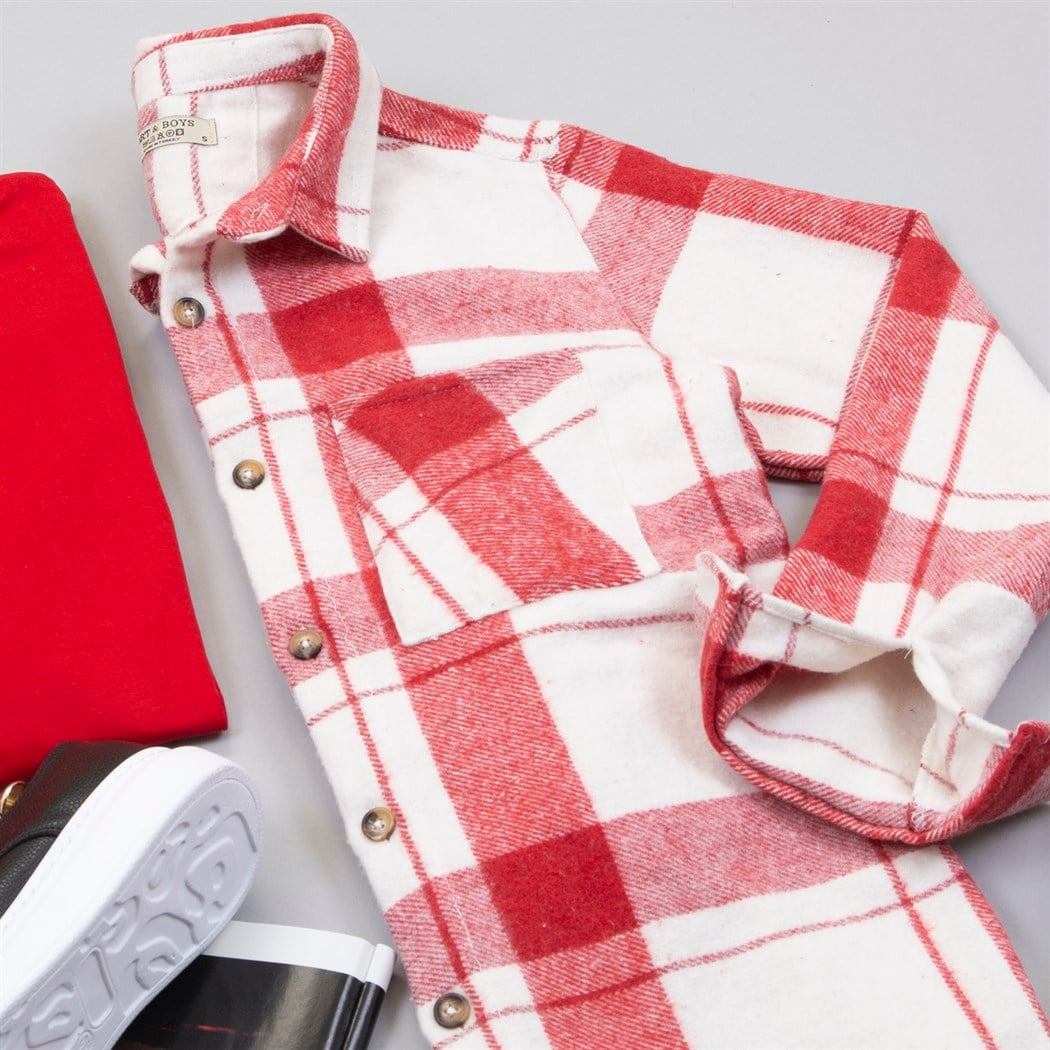 Kırmızı Beyaz Ekose Oduncu Gömlek Tişört Pantolon Ayakkabı Kombin