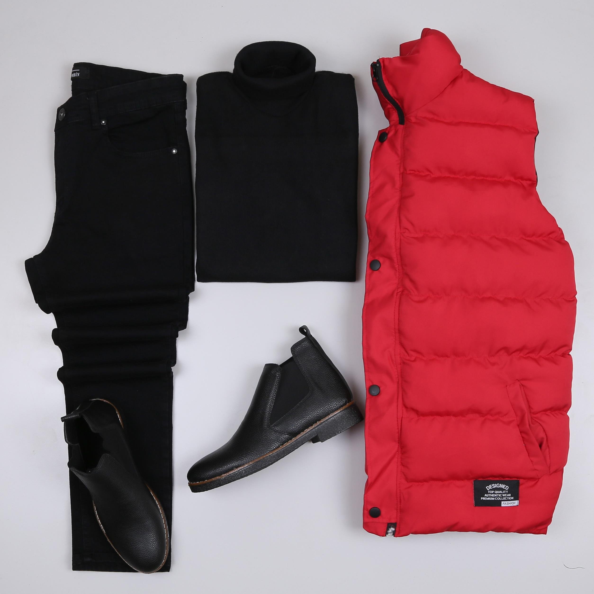 Kırmızı Şişme Yelek Siyah Kot Pantolon Ayakkabı Kombini