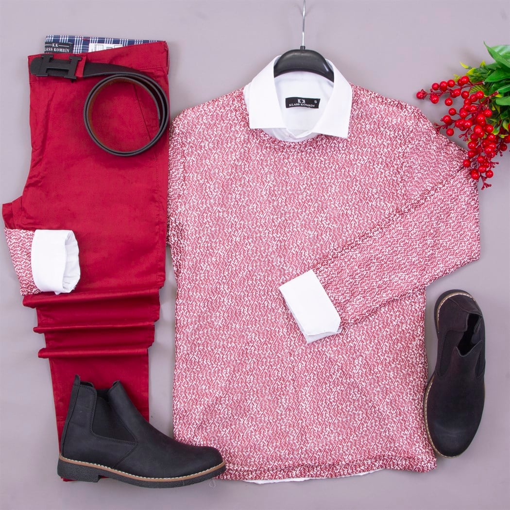 Kırmızı Triko Kazak Gömlek Pantolon Bot Kombin