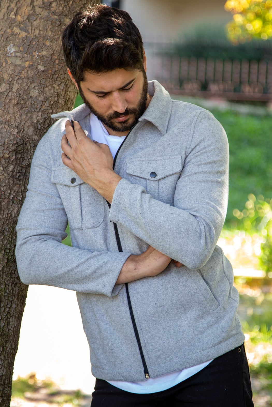 Kısa kaşe önden iki cepli kaşe gri süet ceket