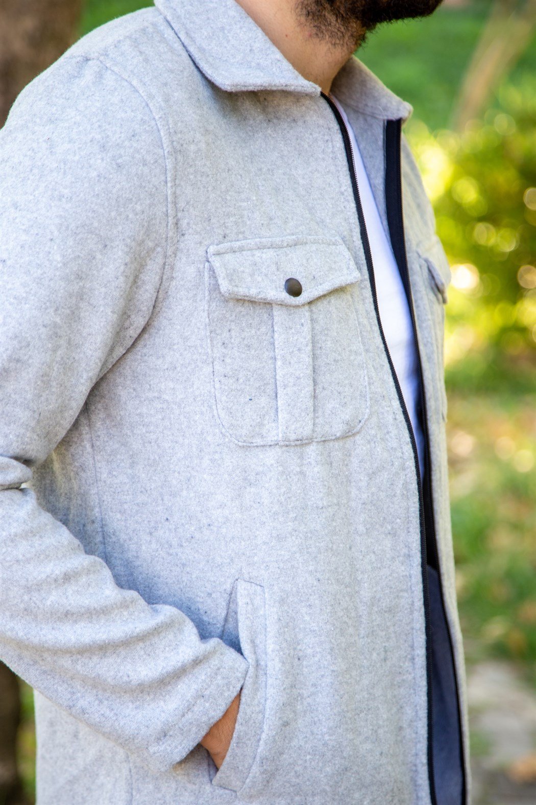 Kısa kaşe önden iki cepli kaşe gri süet ceket