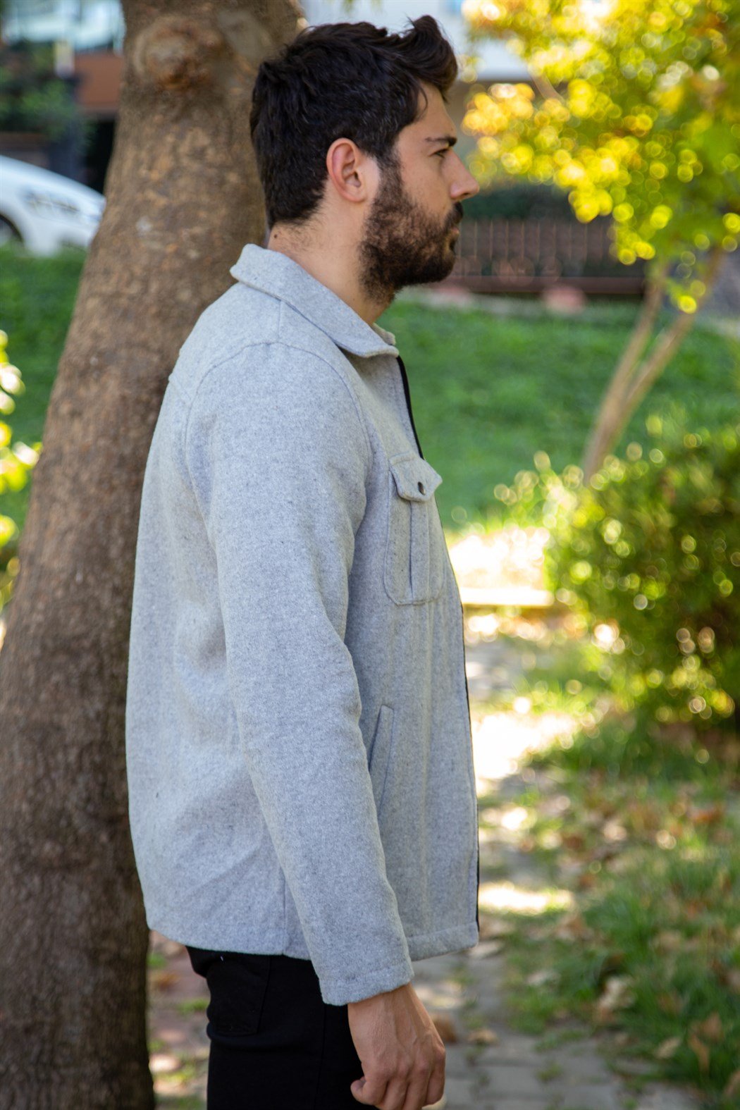 Kısa kaşe önden iki cepli kaşe gri süet ceket