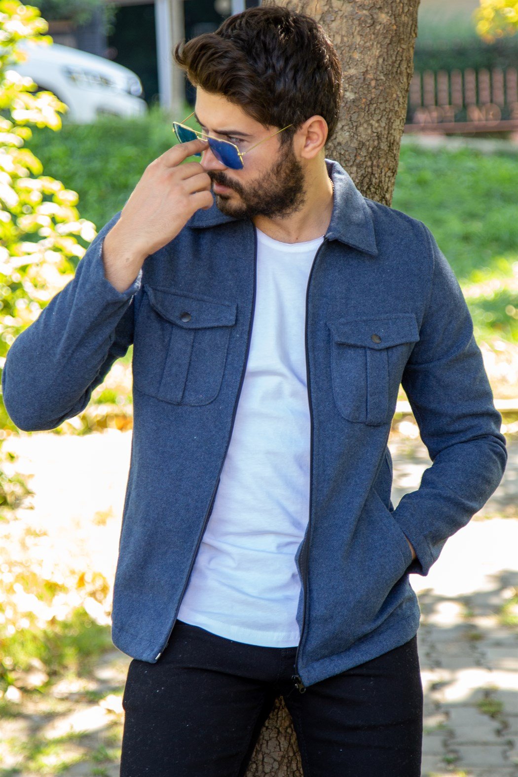 Kısa kaşe önden iki cepli kaşe mavi süet ceket