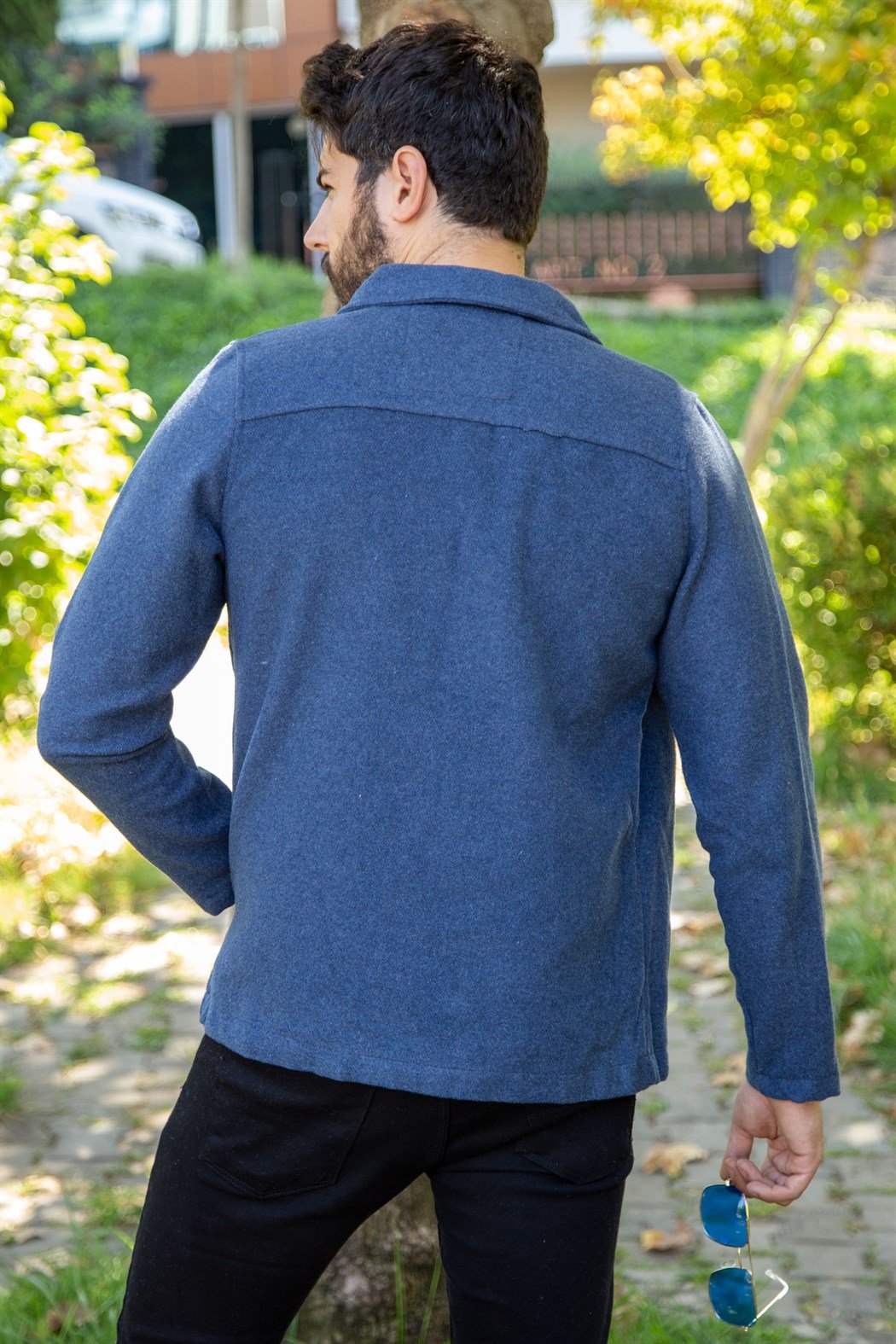 Kısa kaşe önden iki cepli kaşe mavi süet ceket