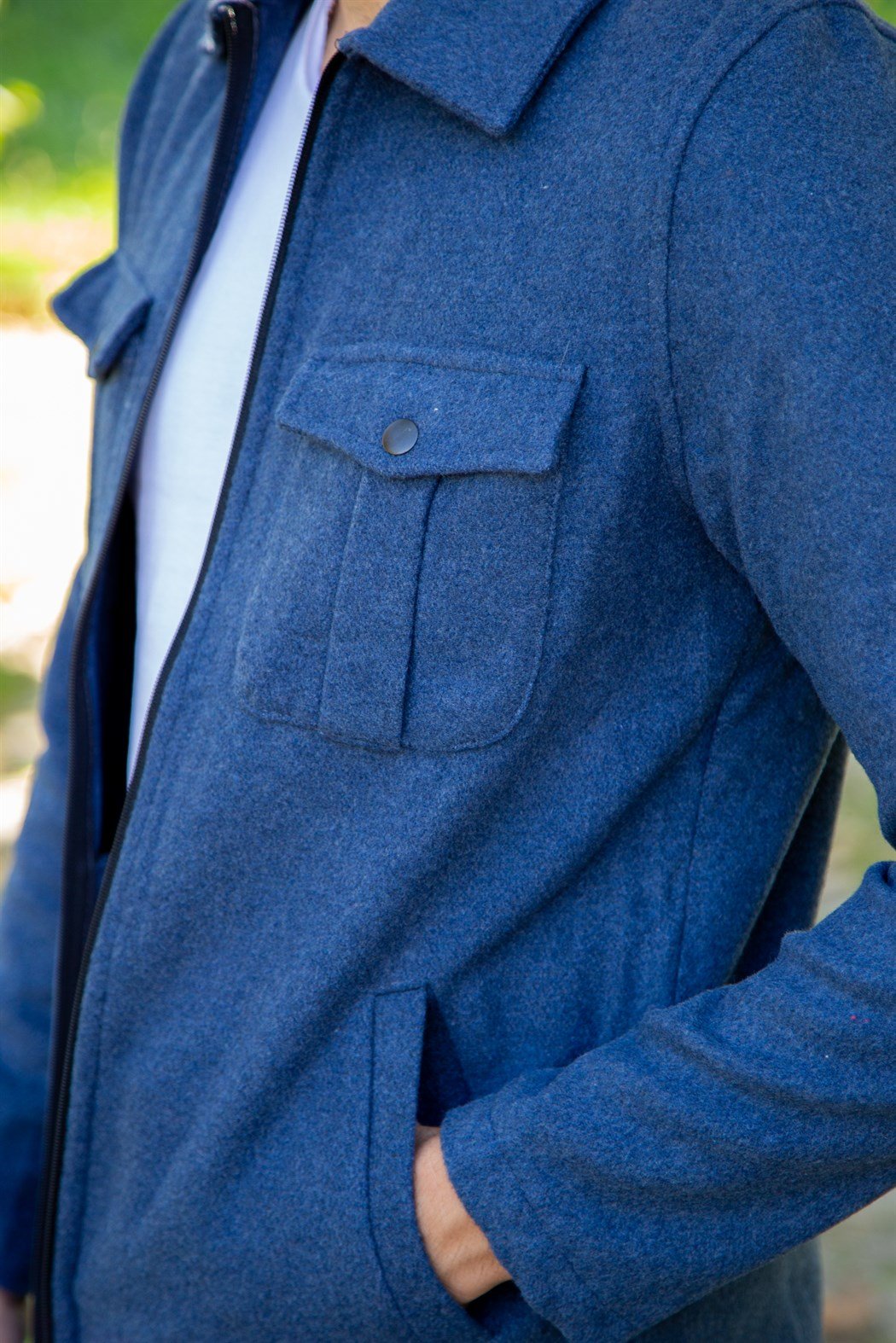 Kısa kaşe önden iki cepli kaşe mavi süet ceket