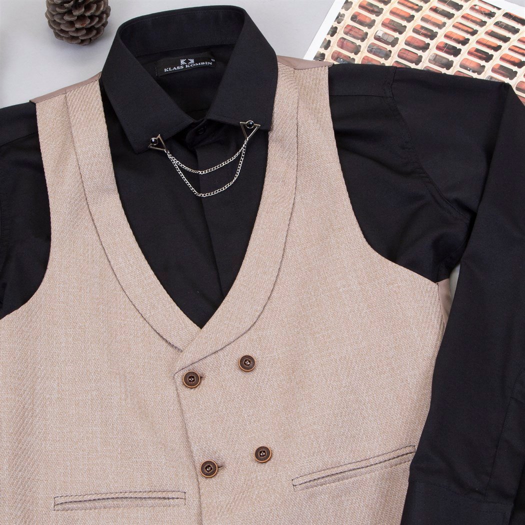 Koyu Bej Yelek Gömlek Pantolon Ayakkabı Kombin