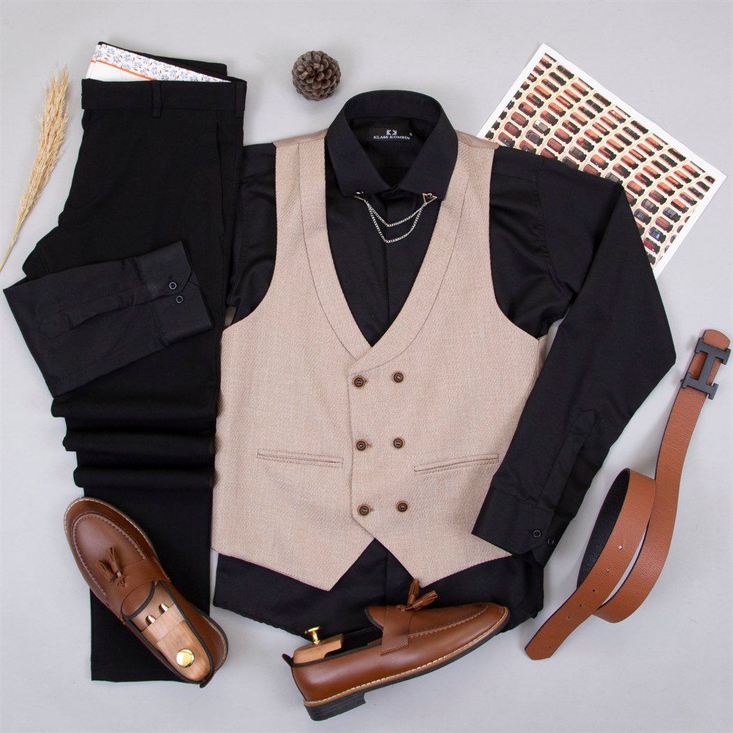 Koyu Bej Yelek Gömlek Pantolon Ayakkabı Kombin