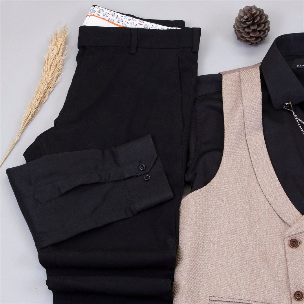 Koyu Bej Yelek Gömlek Pantolon Ayakkabı Kombin