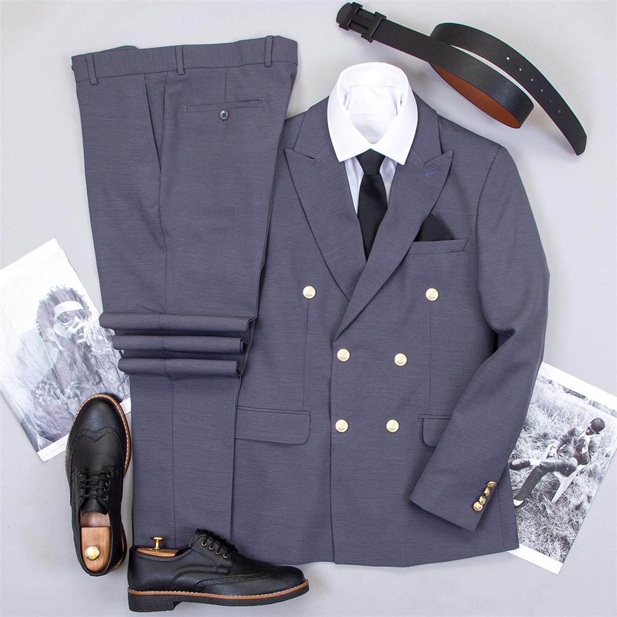 Koyu Gri Kruvaze Takım Elbise Kombini