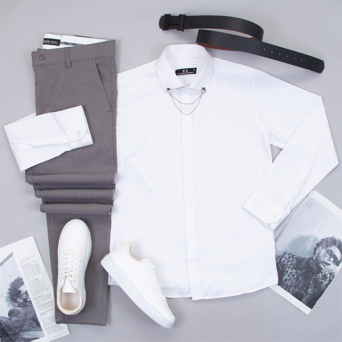 Koyu Gri Pantolon Beyaz Gömlek Ayakkabı Kombin