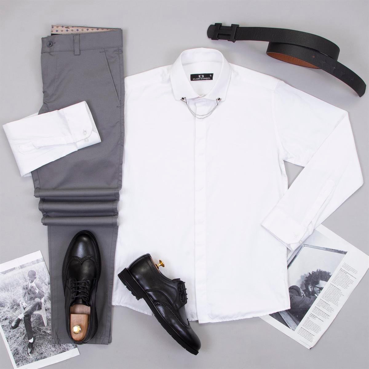 Koyu Gri Pantolon Beyaz Gömlek Ayakkabı Kombin