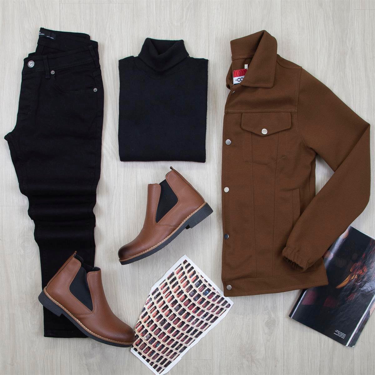 Koyu Kahve Kaşe Ceket Boğazlı Body Pantolon Bot Kombin