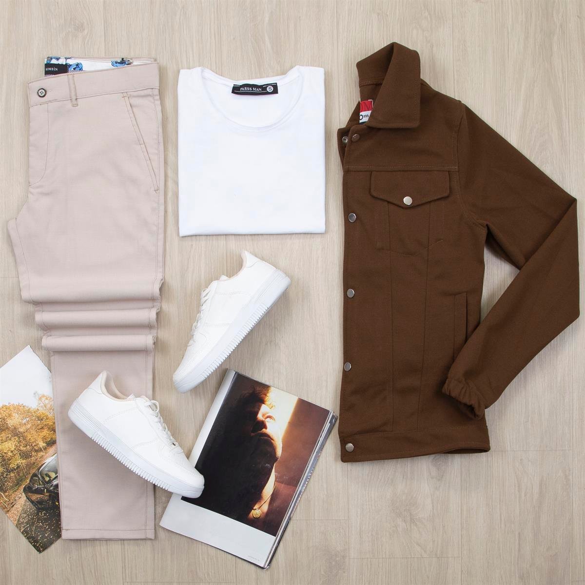 Koyu Kahve Kaşe Ceket Tişört Pantolon Ayakkabı Kombin