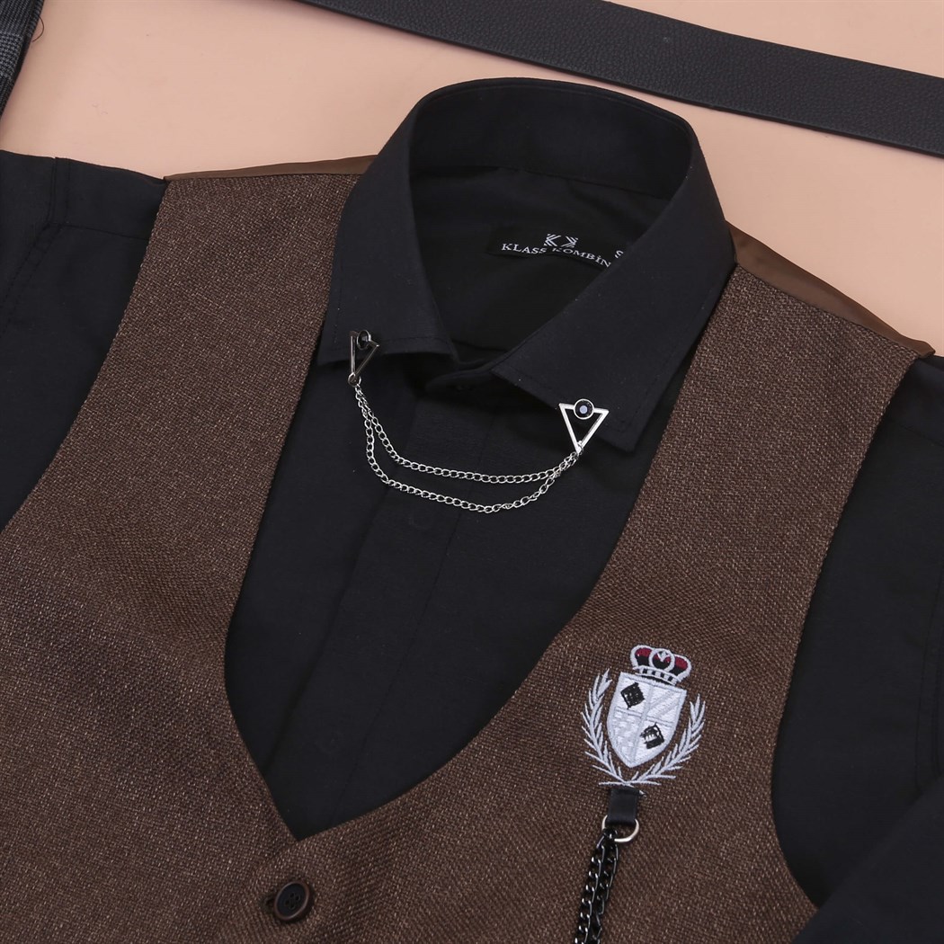 Koyu Kahve Yelek Siyah Gömlek Kumaş Pantolon Klasik Ayakkabı Koımbini 