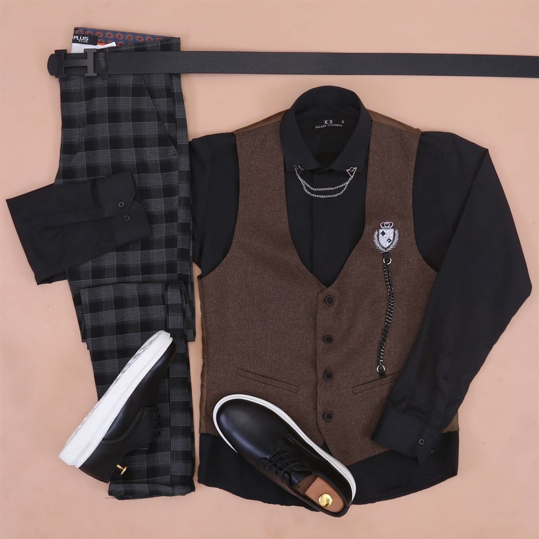 Koyu Kahve Yelek Siyah Gömlek Kumaş Pantolon Klasik Ayakkabı Koımbini 