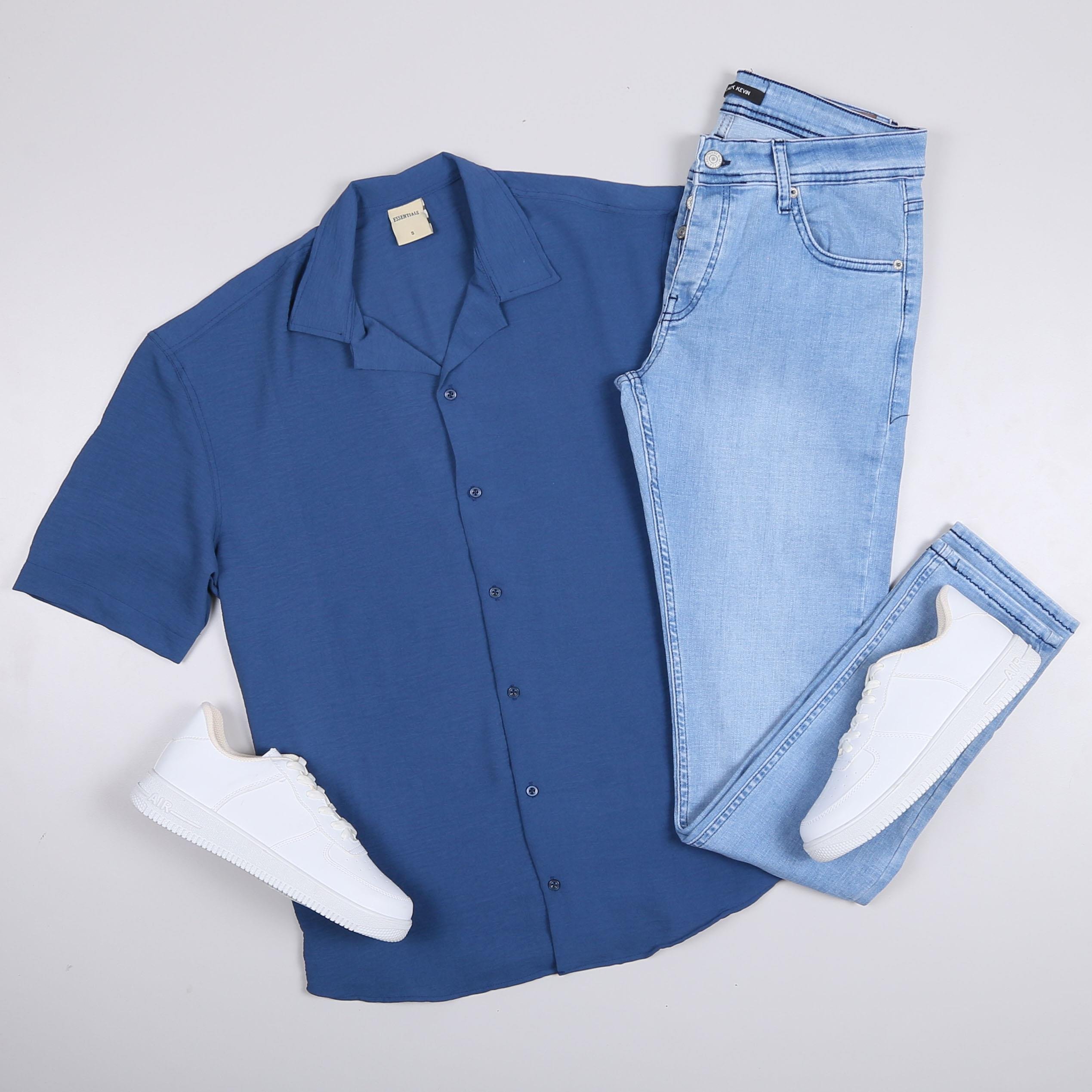 Koyu Mavi Kısa Kol Gömlek Pantolon Ayakkabı Kombin