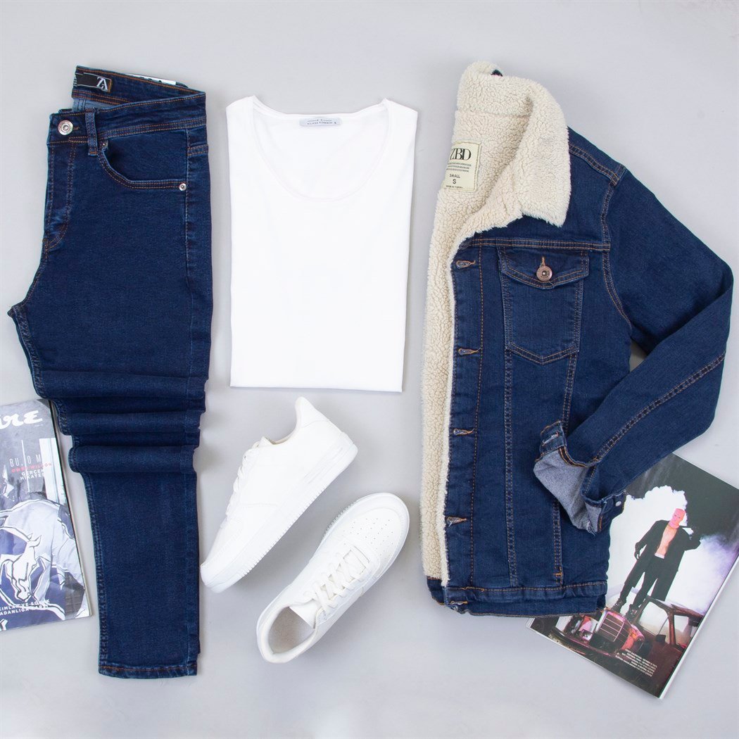 Koyu Mavi Kürklü Kot Ceket Tişört Pantolon Ayakkabı Kombin