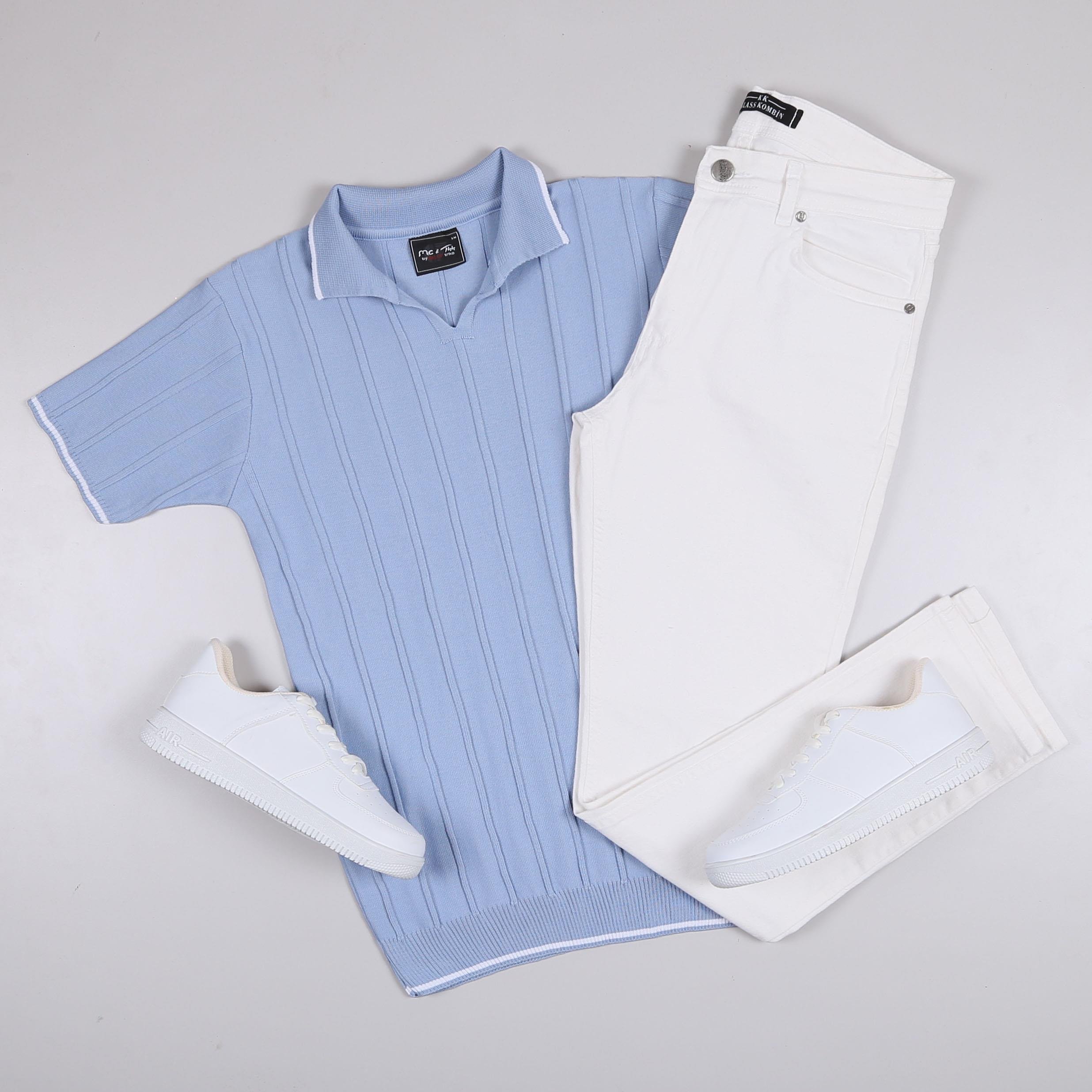 Koyu Mavi Triko Polo Yaka Tişört Pantolon Ayakkabı Kombin