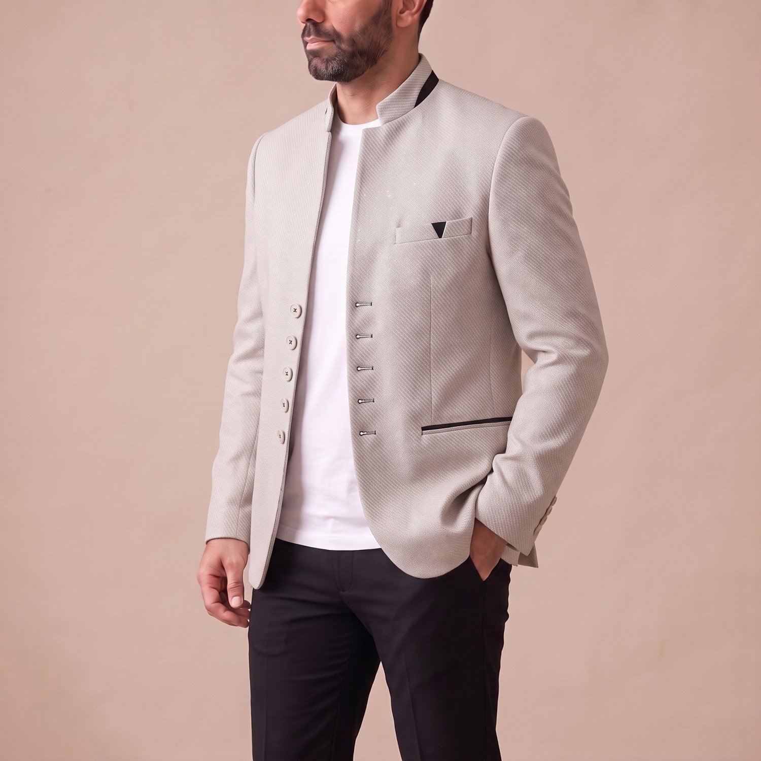 Krem Dik Yaka Blazer Ceket Erkek