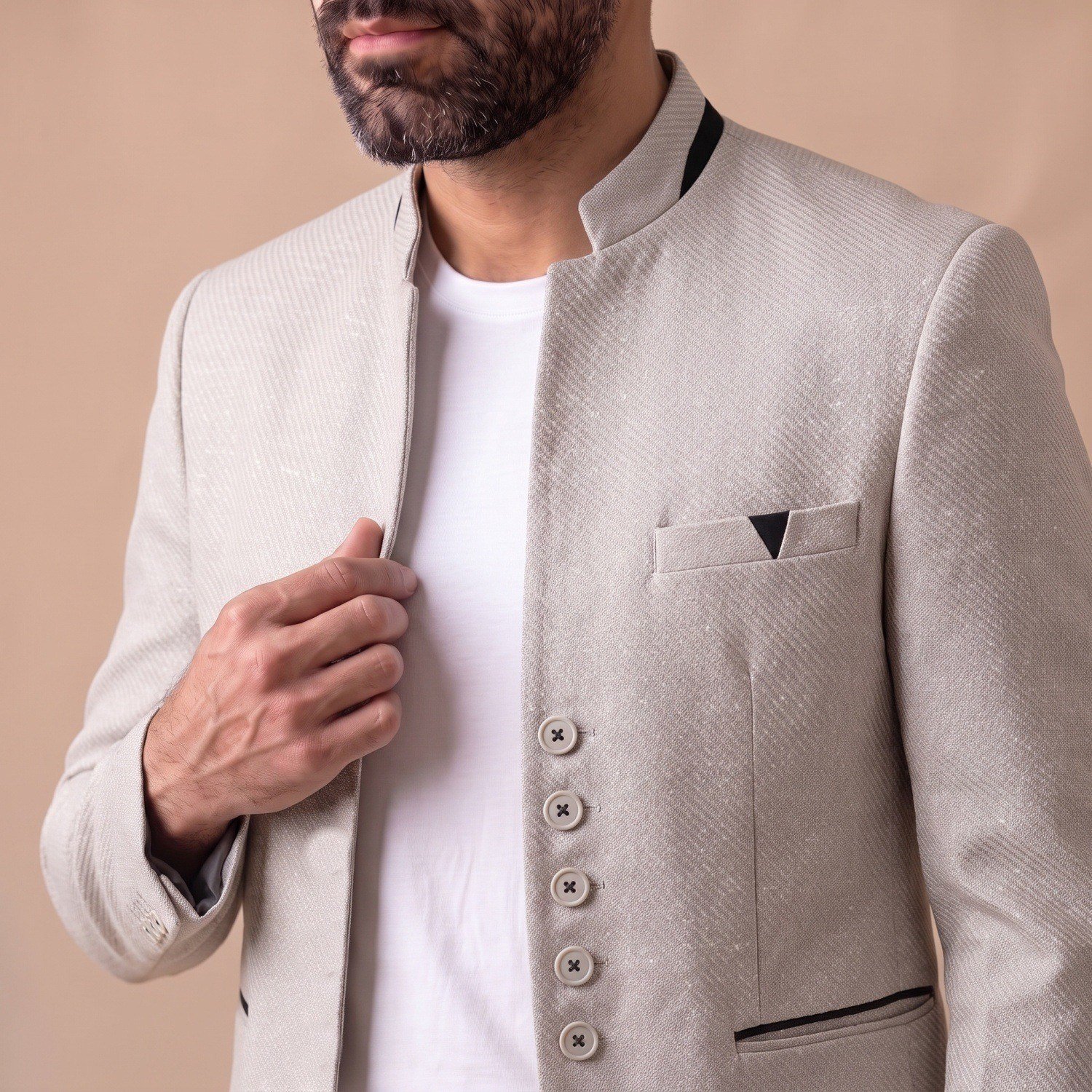 Krem Dik Yaka Blazer Ceket Erkek