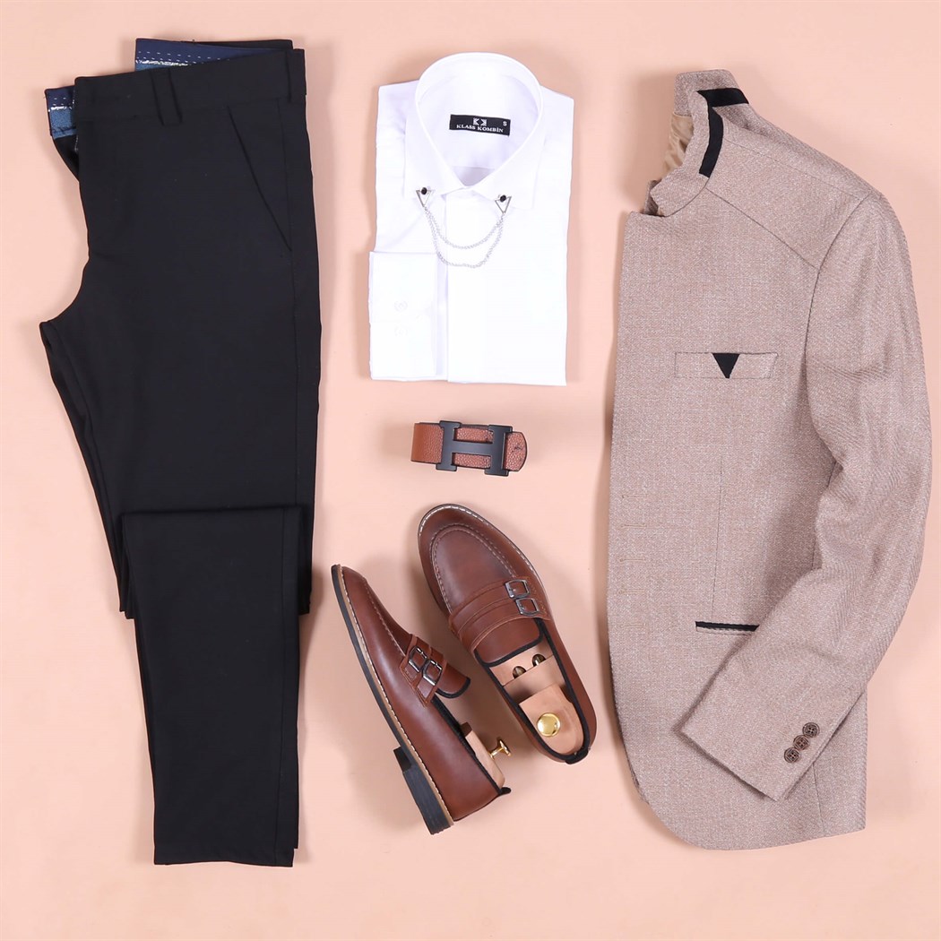 Krem Dik Yaka Takım Elbise