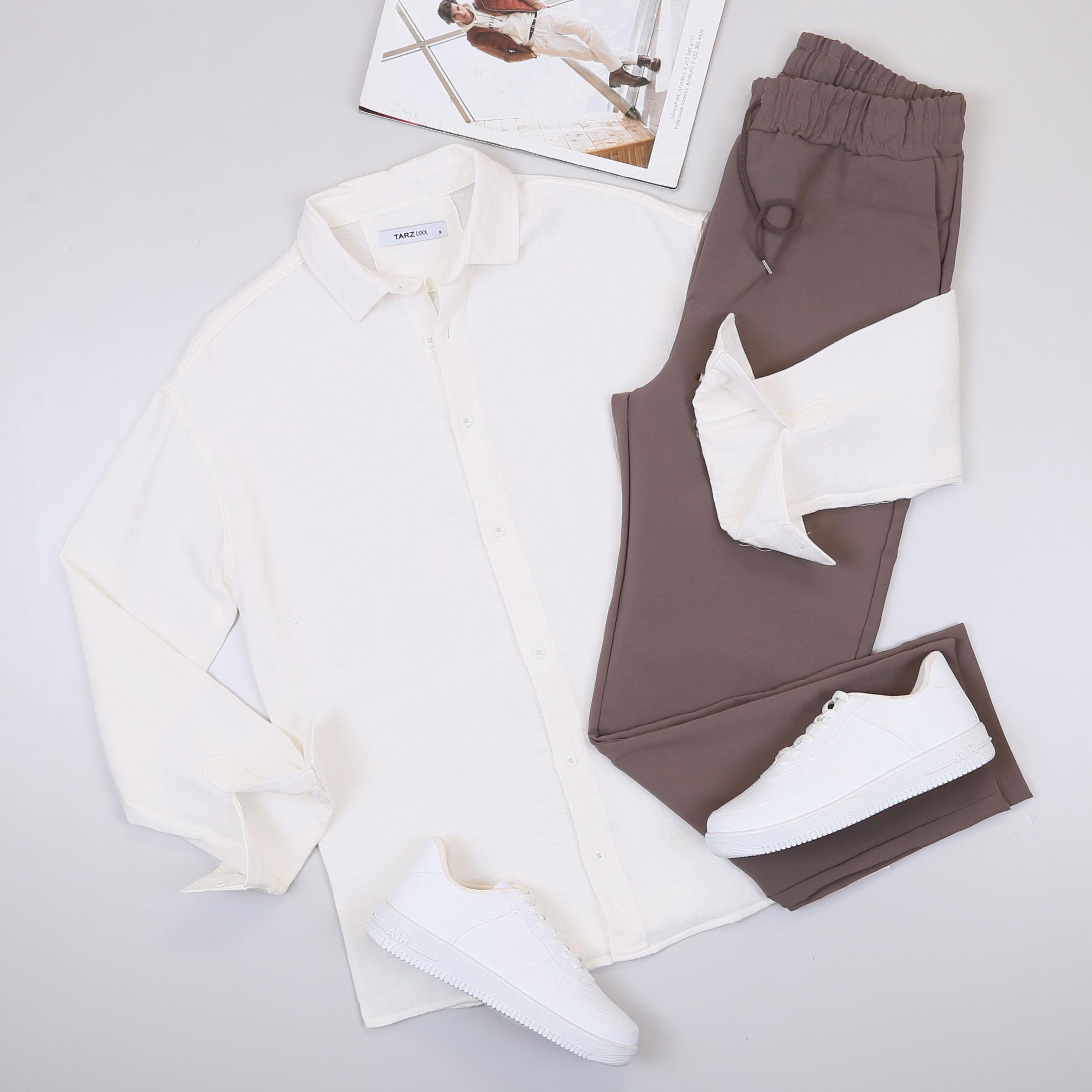 Krem Gömlek Pantolon Ayakkabı Kombin