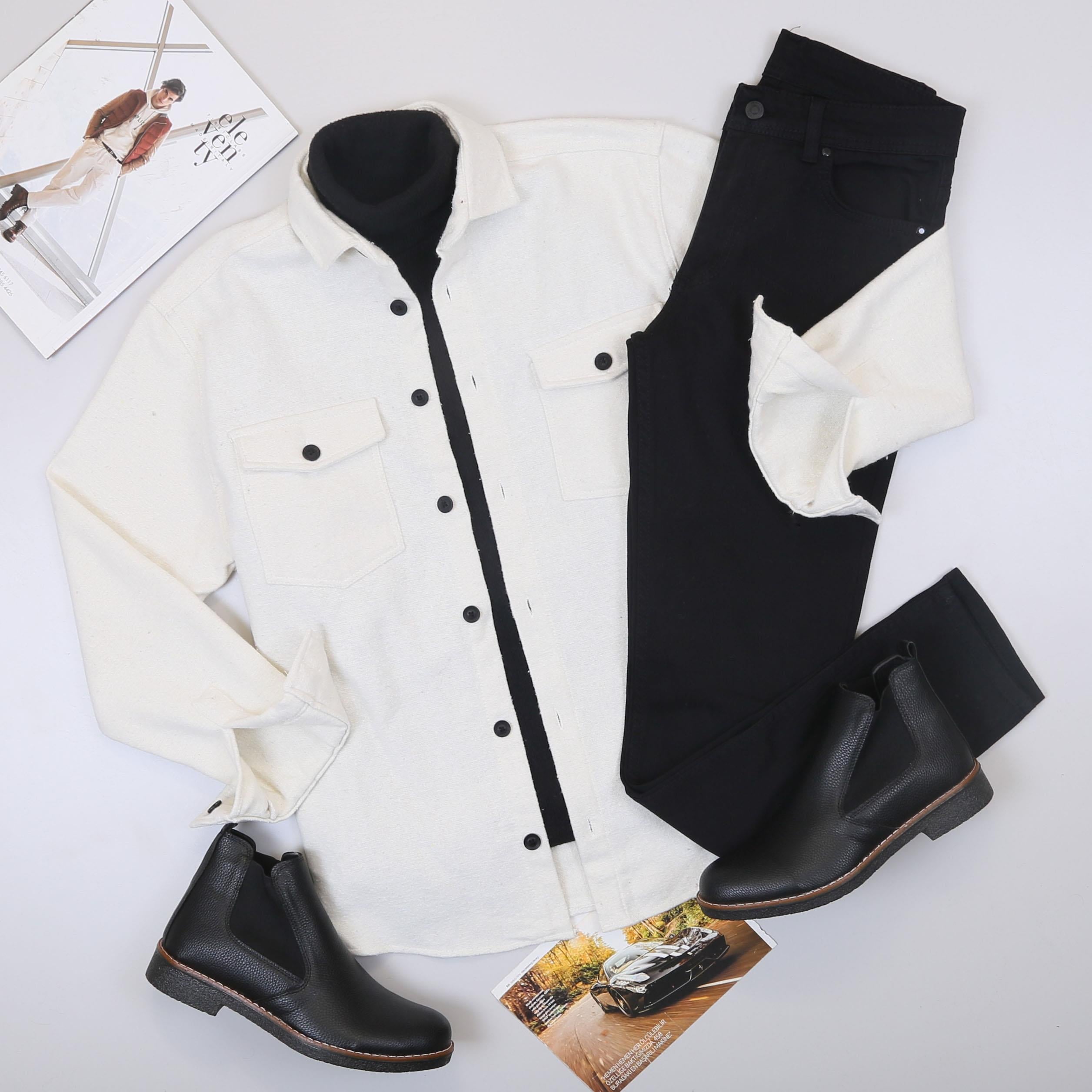 Krem Kaşe Gömlek Boğazlı Body Pantolon Bot Kombin