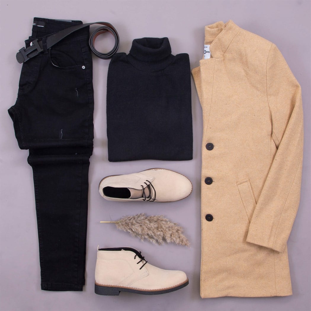 krem kaşe mont kazak pantolon bot kombini