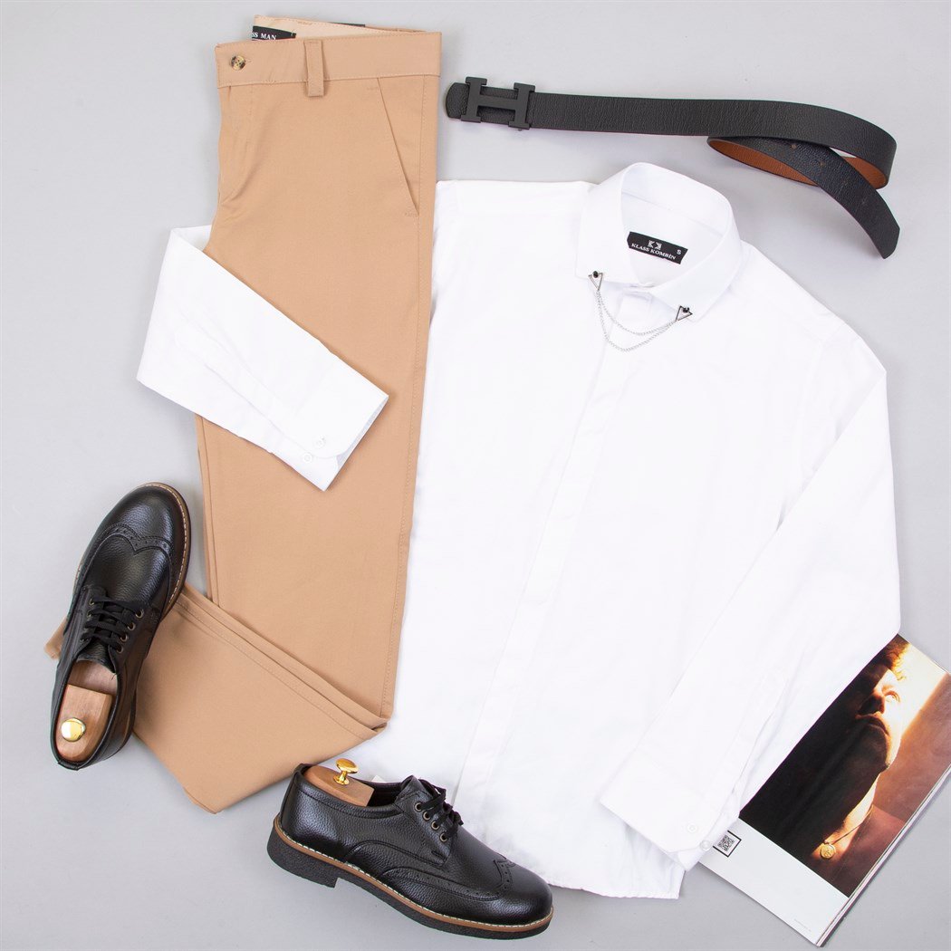 Krem Kumaş Pantolon Gömlek Ayakkabı Kombin