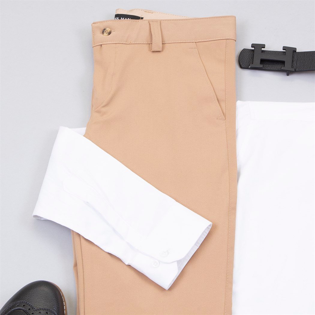 Krem Kumaş Pantolon Gömlek Ayakkabı Kombin