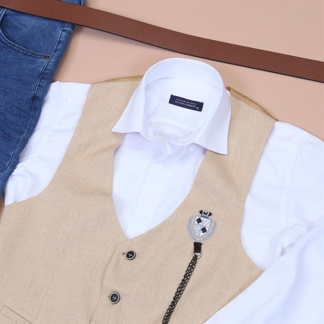 Krem Yelek Beyaz Gömlek Kot Pantolon Klasik Ayakkabı Koımbini 