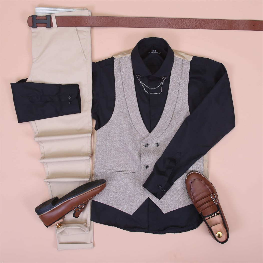 Krem Yelek Siyah Gömlek Kumaş Pantolon Klasik Ayakkabı Koımbini 