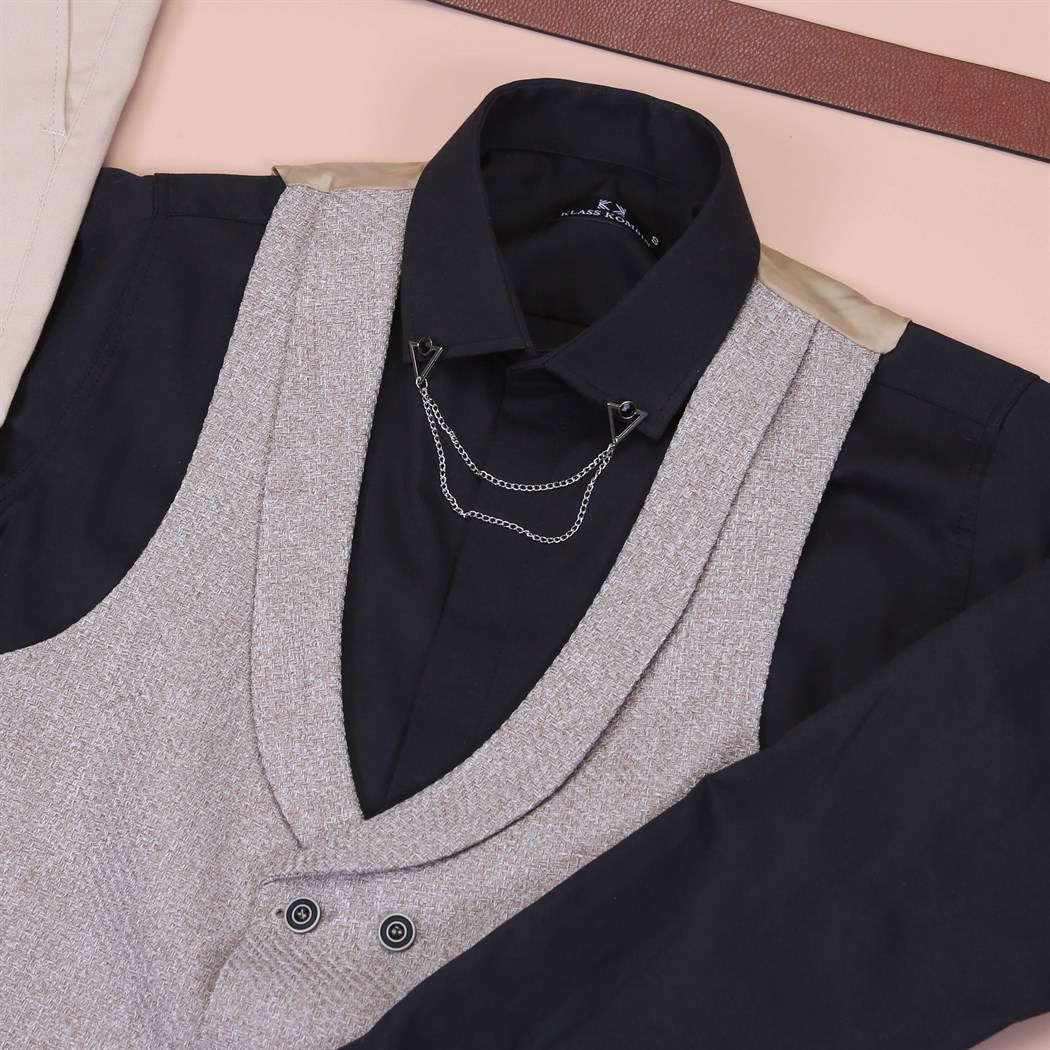 Krem Yelek Siyah Gömlek Kumaş Pantolon Klasik Ayakkabı Koımbini 