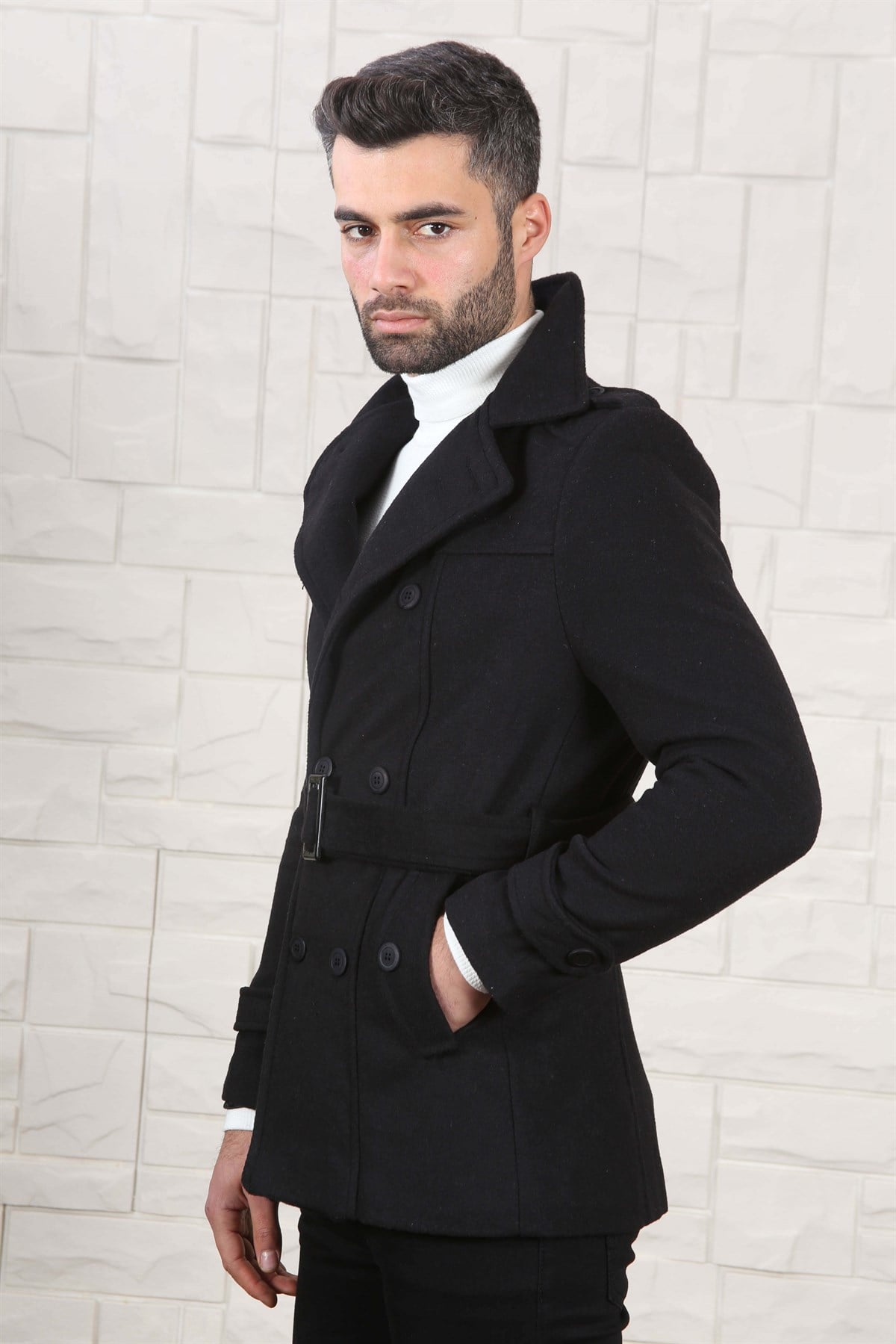 KRUVAZE YAKA ERKEK KAŞE MONT SİYAH